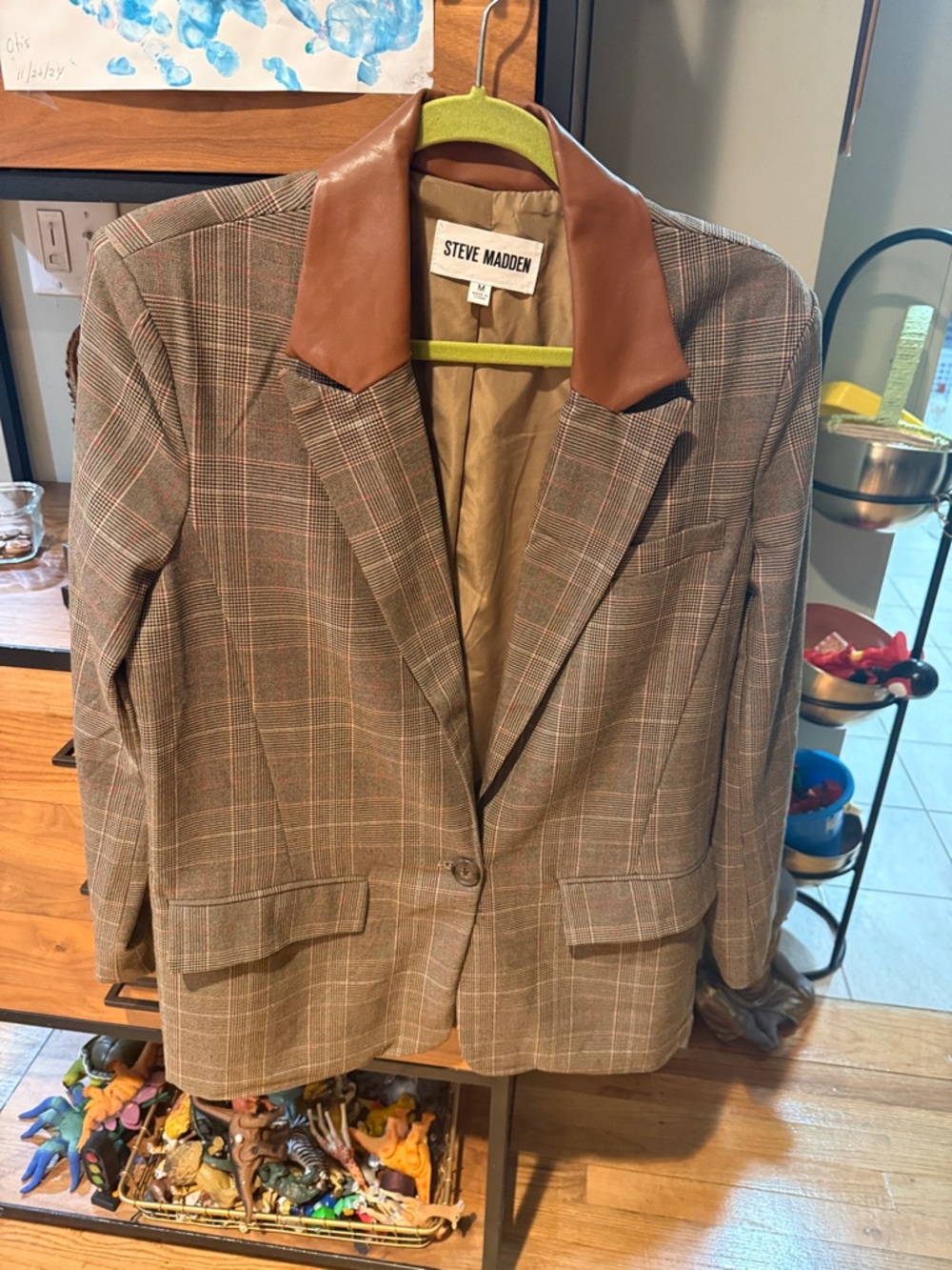 Steve Madden Plaid Sport Coat with Brown Faux-Leather Collar